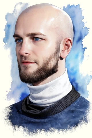 Portrait painting of Harvey Banham. He is bald with a beard and wearing a turtle neck jumper. There is a blue splatter of paint in the background