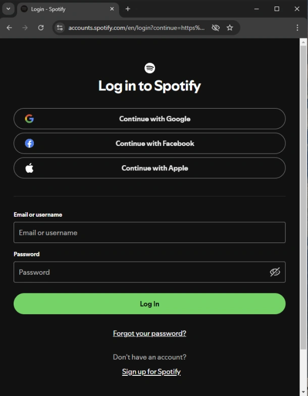 Web browser showing Spotify login screen