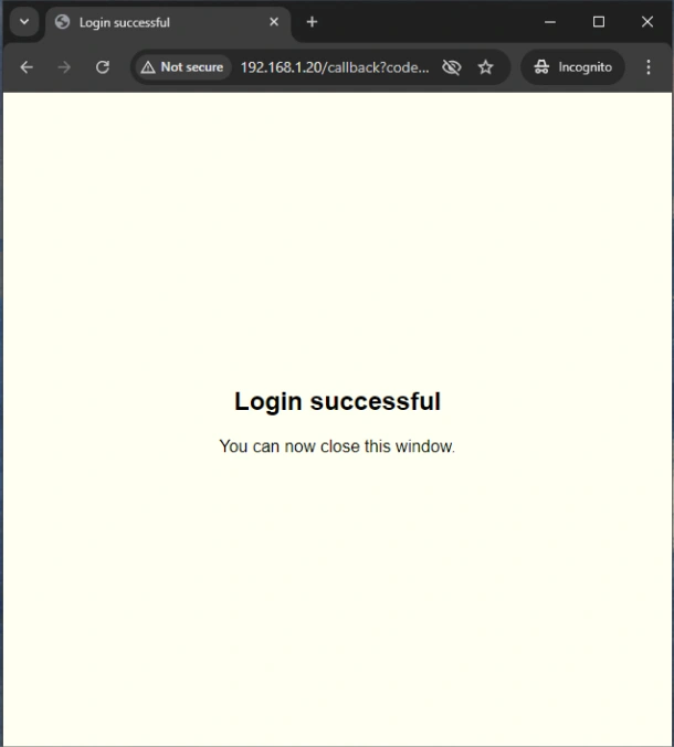 Web browser showing login was successful